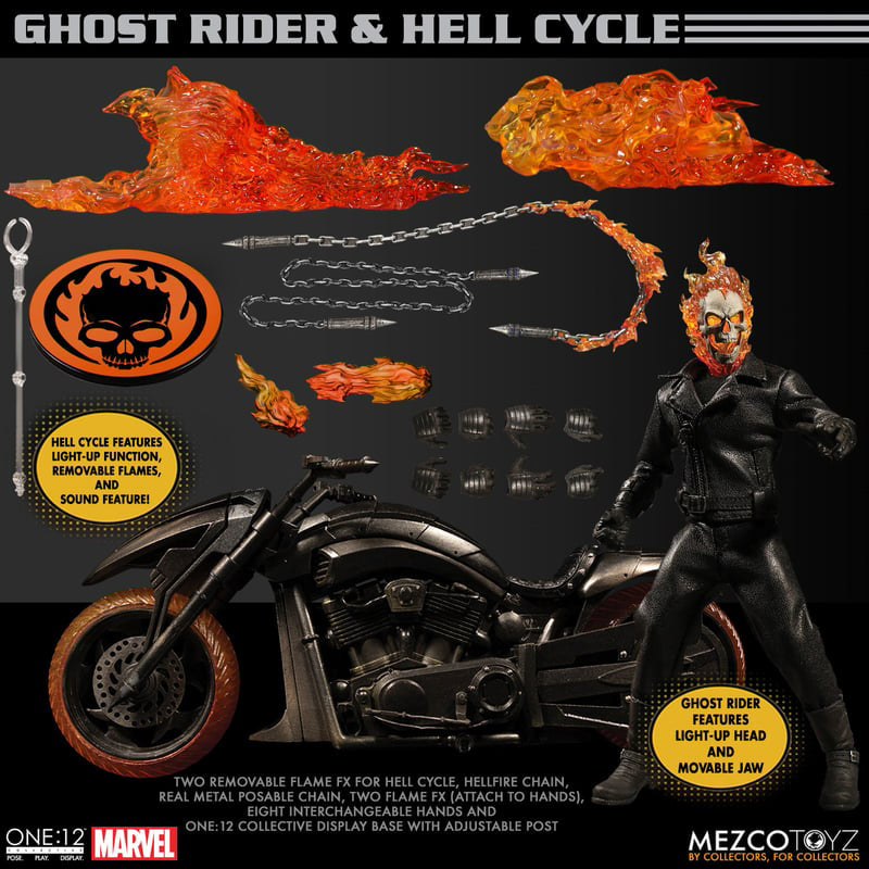 Figura Motoqueiro Fantasma e Moto Infernal Set - Marvel - 1/12 Collective - Mezco